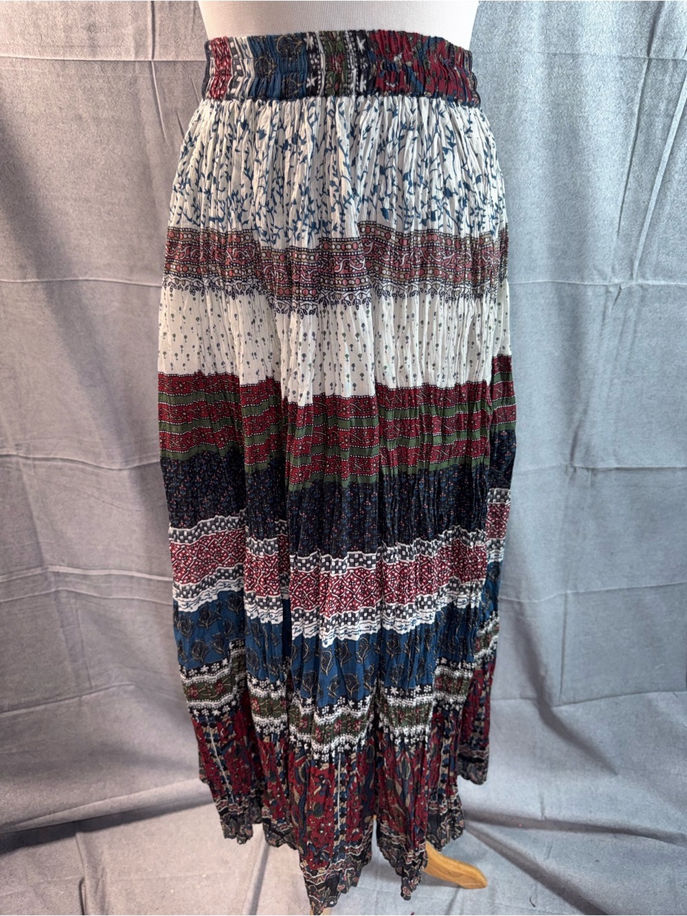 2160-Spellbound Striped Boho Maxi Skirt in Red, Blue & White